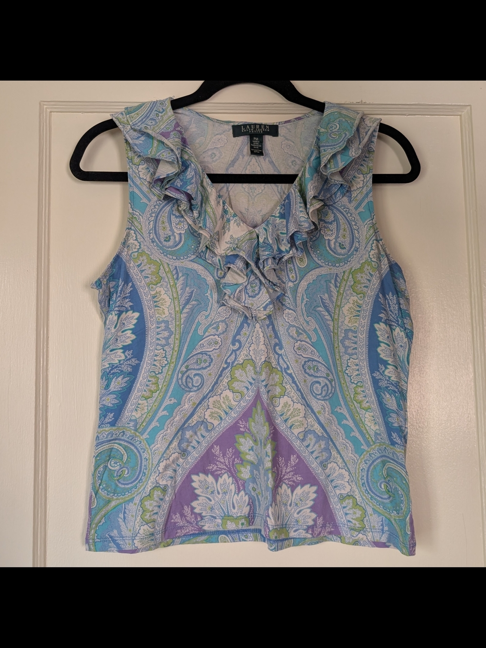 Polo Ralph Lauren Paisley V-neck Floral Sleeveless Ruffled Blouse Baby Blue Size